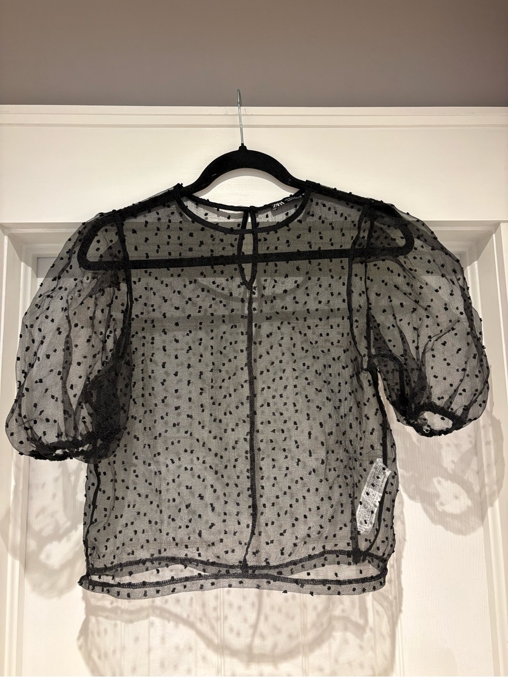 Zara (never worn) Black Sheer Polka Dot Puff Sleeve Blouse